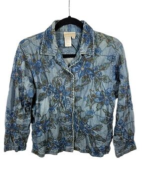 Coldwater Creek Jacket Women Large Petite Denim Jean Jacket Embroidered Textured